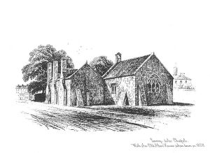 W. Spreat lithograph from 1850 showing the Dennis almshouses before they were replaced.