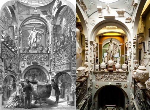 Soane's Museum interior 1864 and 2014.