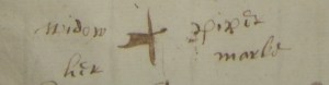 Widow Piper, 'her marke'. The blotchy cross may indicate a lack of inexperience with the quill