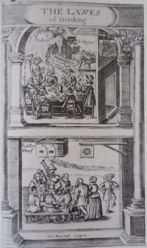 Frontispiece from a 1617 pamphlet, contrasting the upmarket tavern and the humble alehouse