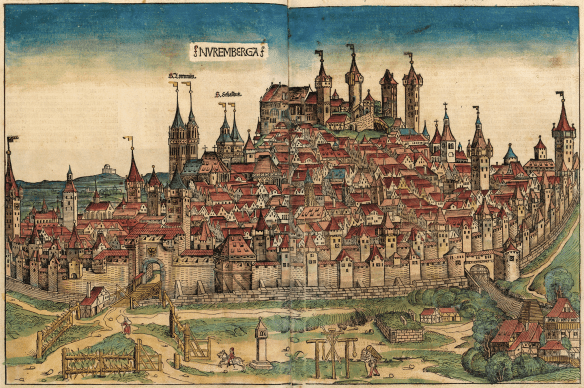 Nuremberg. Michael Wohlgemut & Wilhelm Pleydenwurff, View of Nuremberg, in Hartmann Schedel, Weltchronik. (Nuremberg Chronicle), Nuremberg. Anton Koberger, 1493 (Wikipedia Commons)