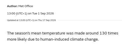 Screenshot from the Met article. Text reads 'The season's mean temperature was made around 130 times more likely due to human-induced climate change'.